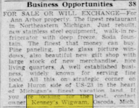 Kenneys Wig Wam (Wig-Wam, Wigwam) - Aug 23 1947 Article (newer photo)